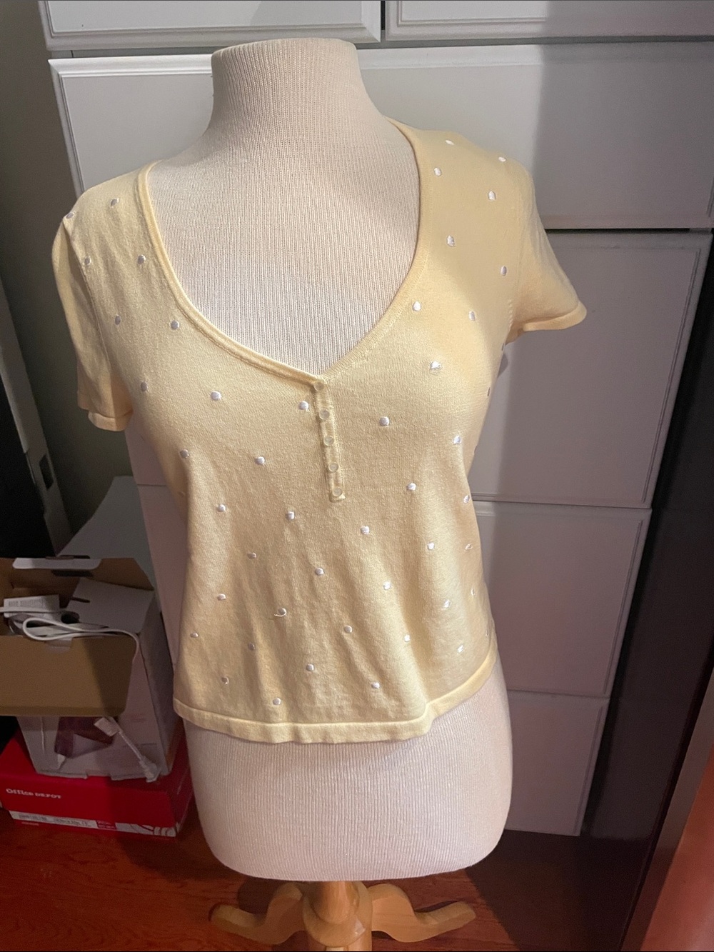 Kasper Pale Yellow Short-Sleeve V-Neck Top with White Embroidered Dots